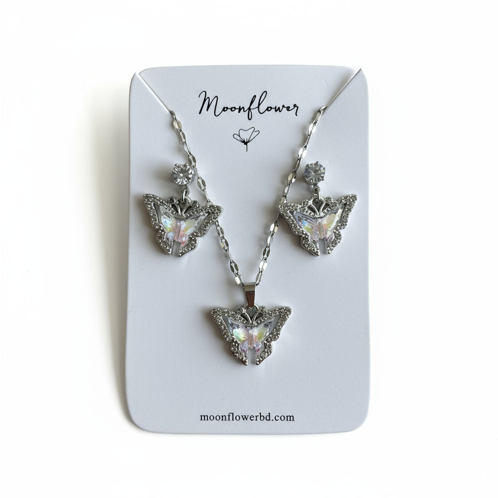 Jewelry set with necklace and earrings on a 'Moonflower' branded card.