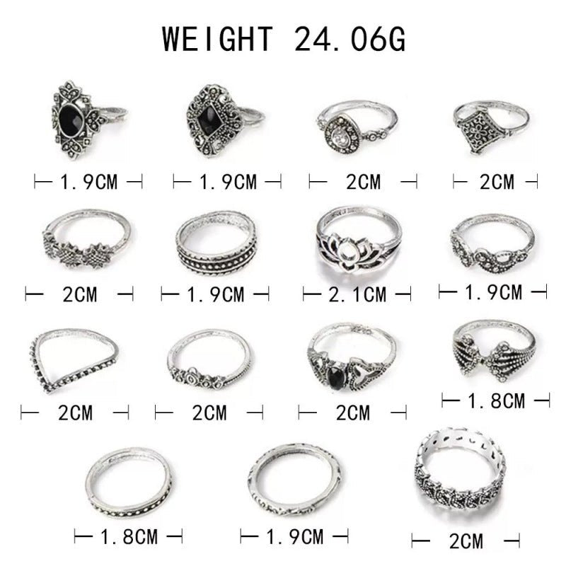 15 Piece Vintage Silver Ring Set - Moonflower