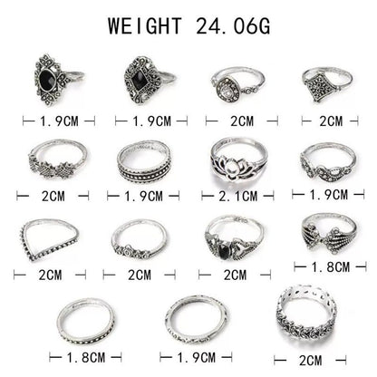 15 Piece Vintage Silver Ring Set - Moonflower
