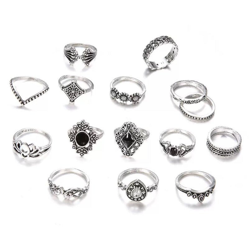 15 Piece Vintage Silver Ring Set - Moonflower