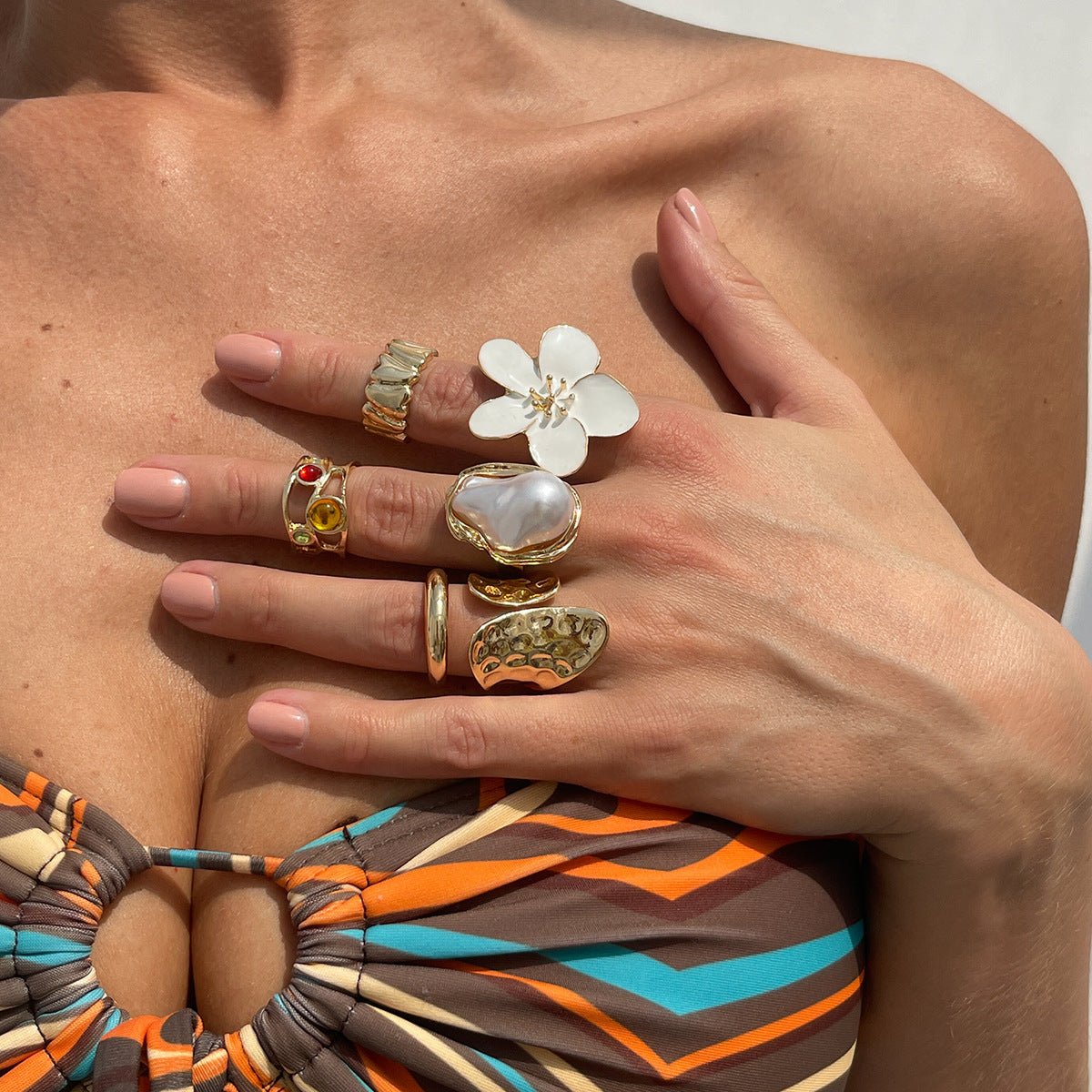 6 Piece Moonlight Flora Stack Ring Set - Moonflower