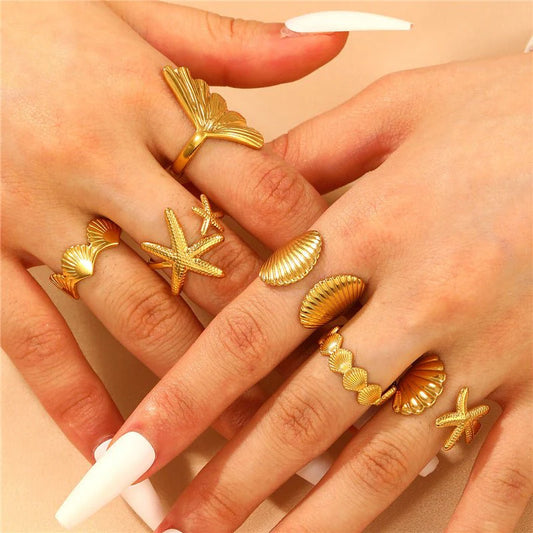 6 Piece Starfish & Shell Stack Ring Set
