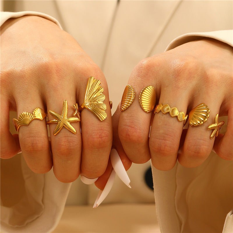 6 Piece Starfish & Shell Stack Ring Set - Moonflower