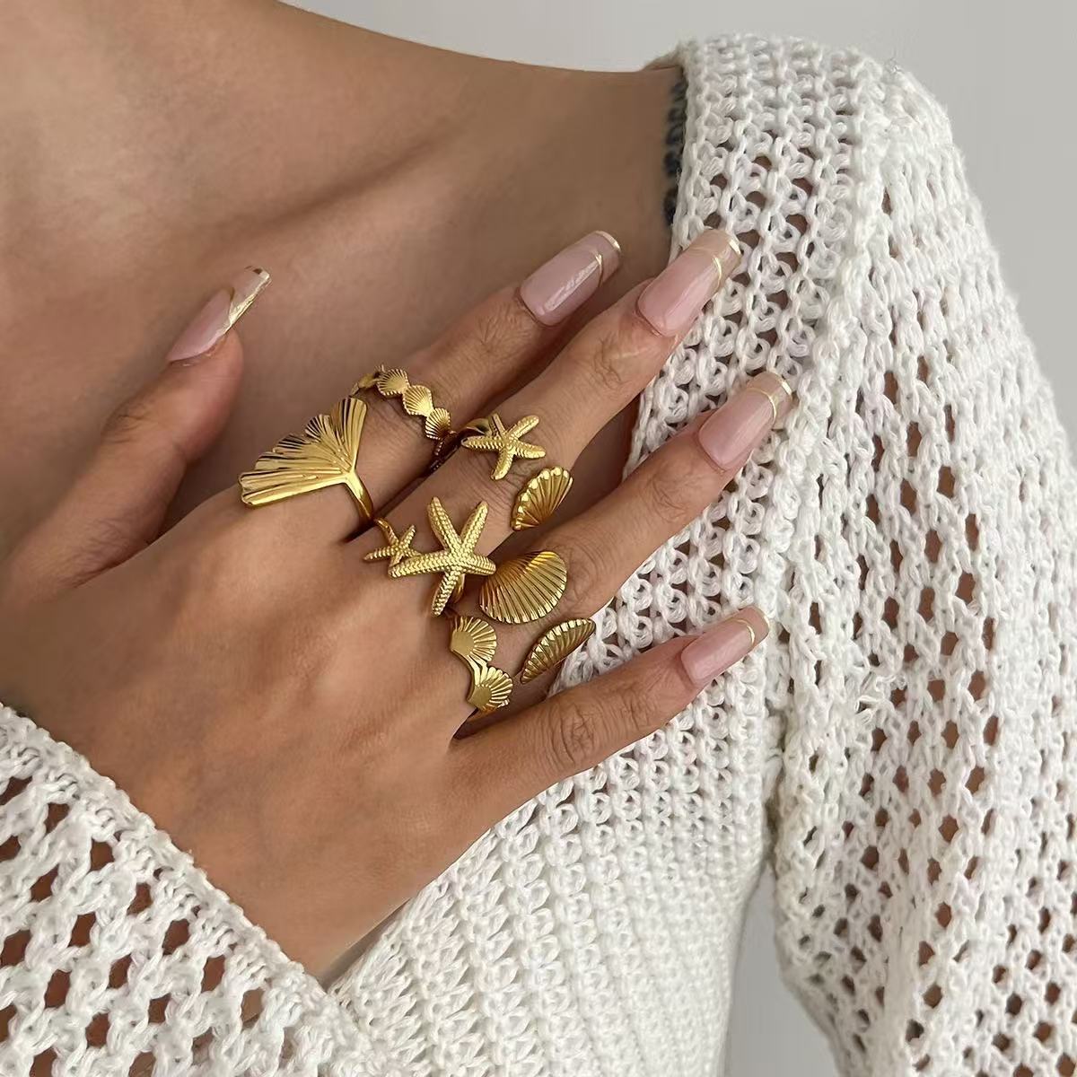 6 Piece Starfish & Shell Stack Ring Set - Moonflower