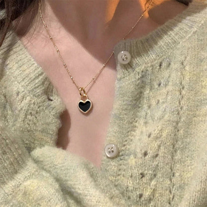 Black Enamel Heart Pendant Necklace - Moonflower