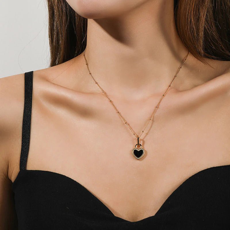 Black Enamel Heart Pendant Necklace - Moonflower