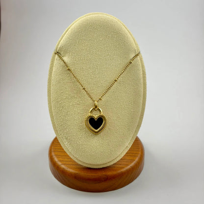 Black Enamel Heart Pendant Necklace - Moonflower