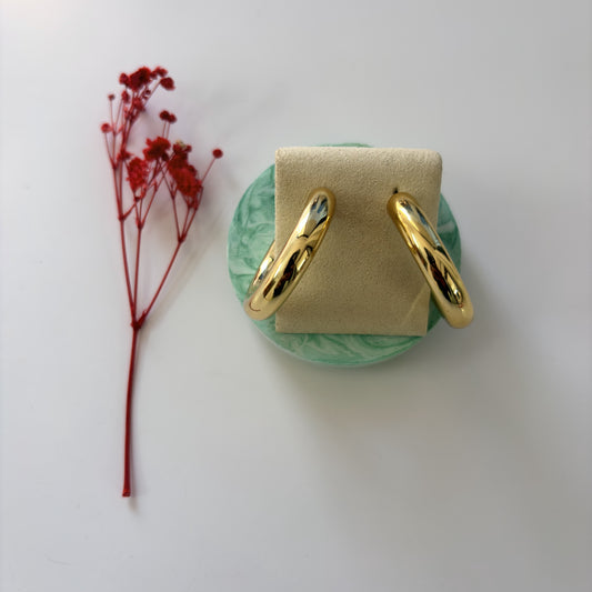 Gold hoop earrings on a green stand with a red flower on a white background
