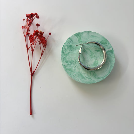Silver earring and red dried flowers on a white background