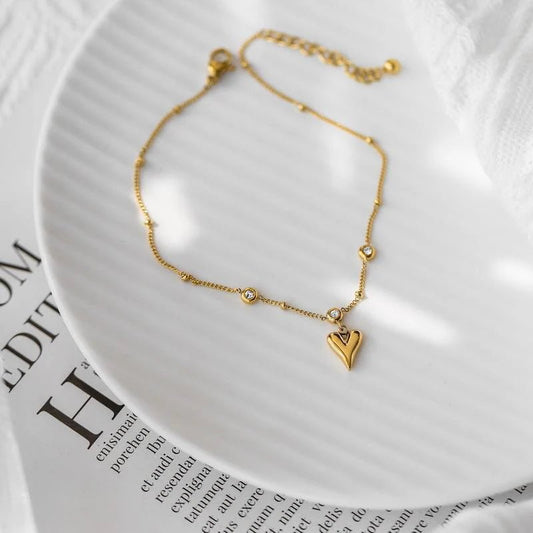 Crystal Heart Charm Anklet - Moonflower