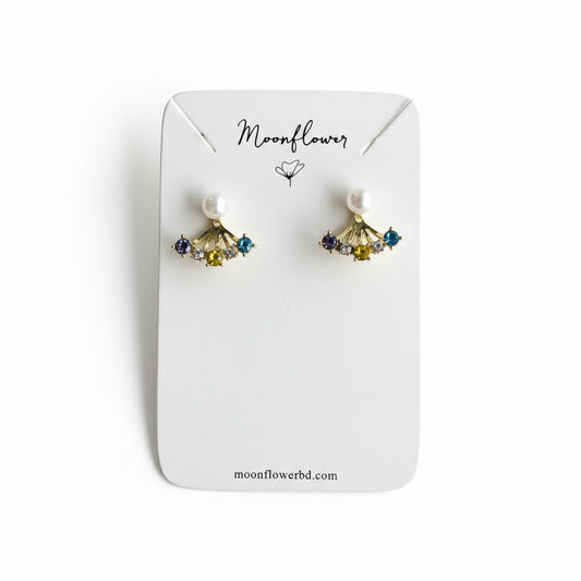 Pair of earrings on a Moonflower branded card.