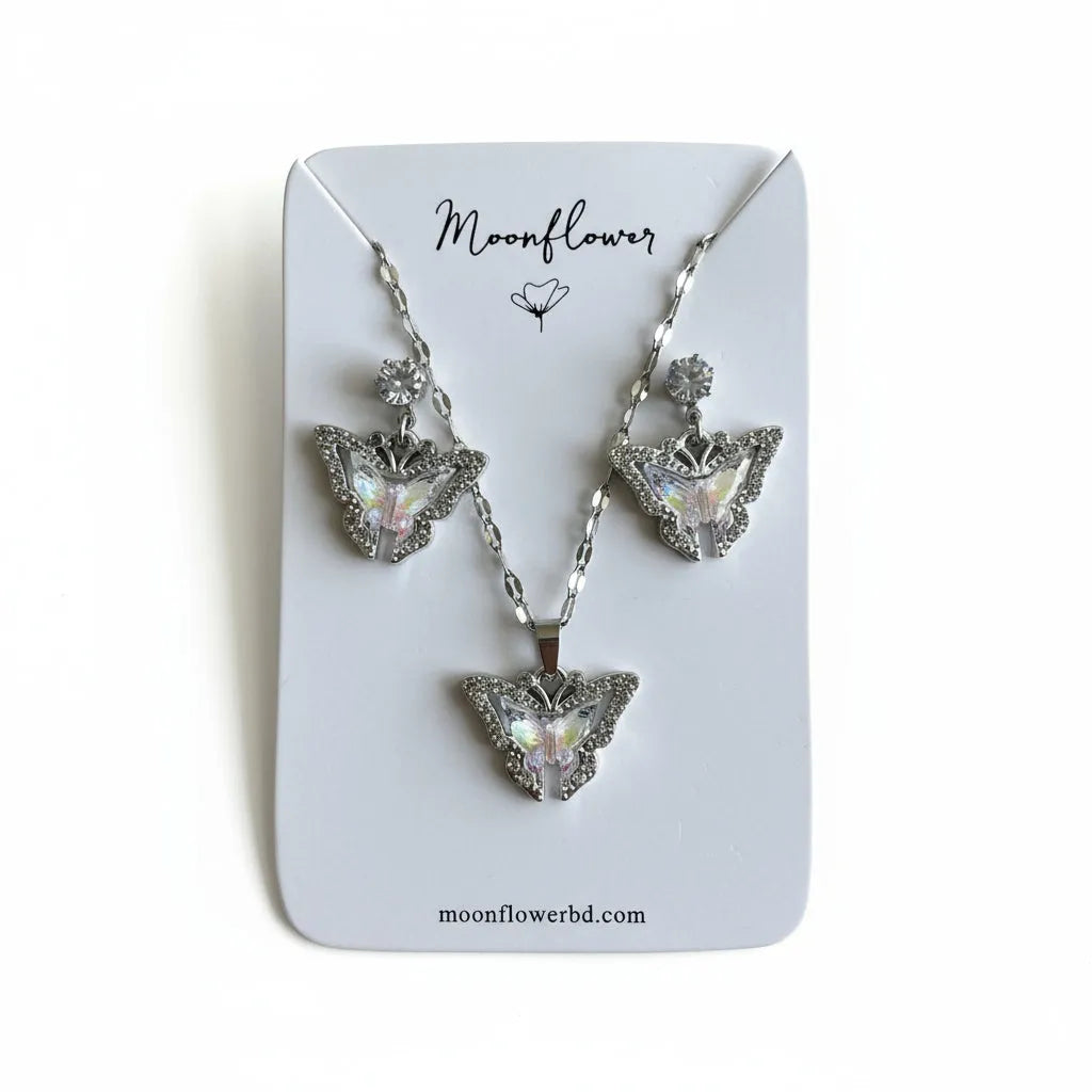 Jewelry set with necklace and earrings on a 'Moonflower' branded card.