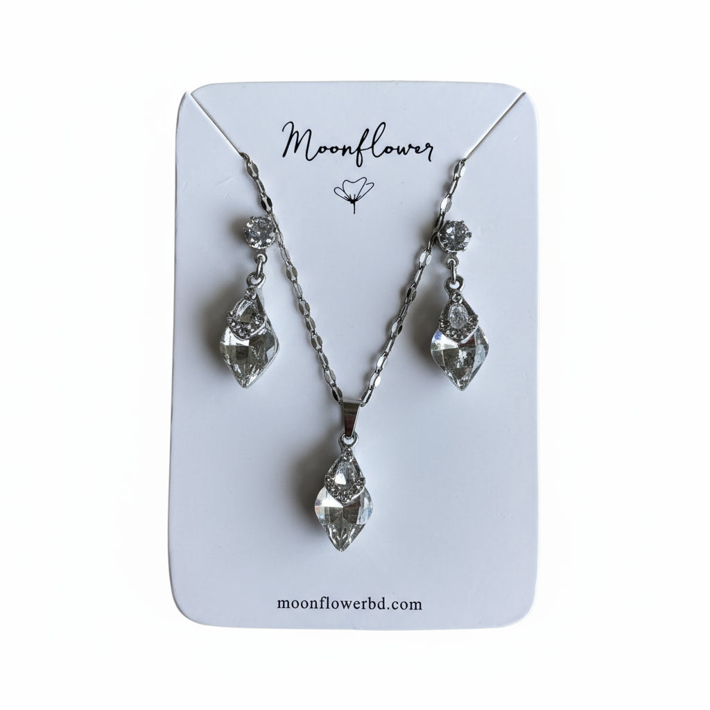 Jewelry set with necklace and earrings on a 'Moonflower' branded card.