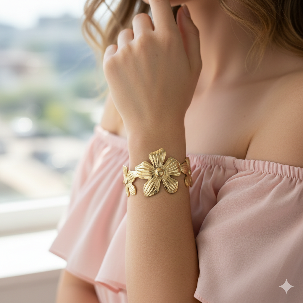 Woman wearing a gold bracelet with a blurred outdoor background